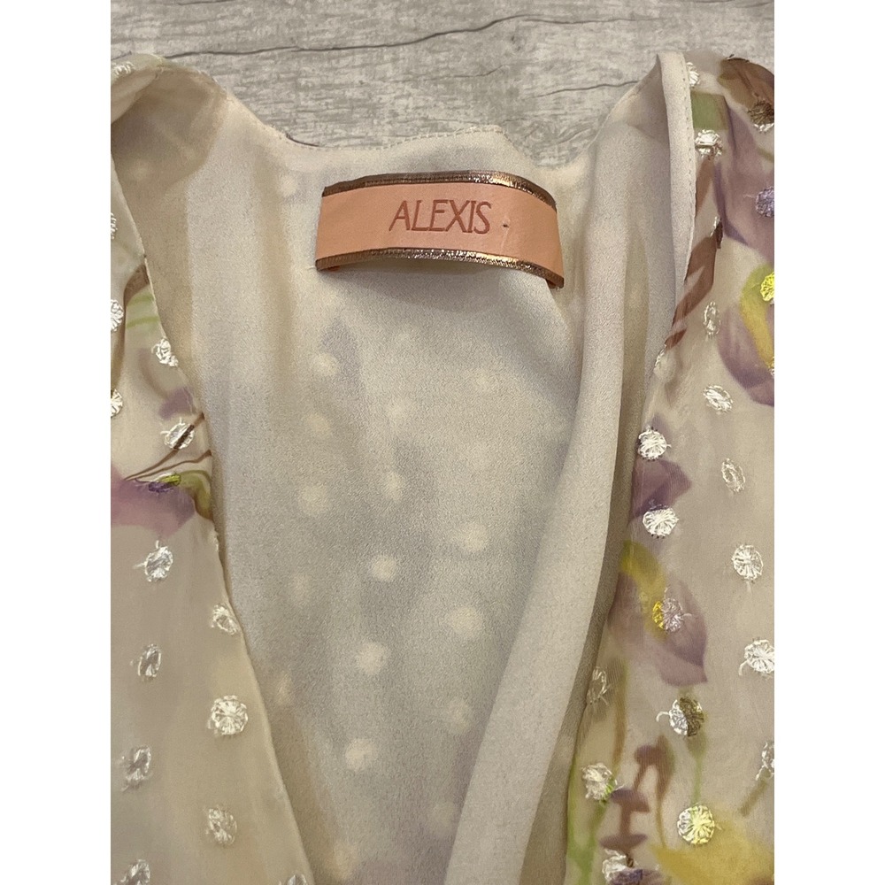 Alexis Floral Print Mini Dress Balloon Sleeve Button Front Tie‎ Waist Sheer - Picture 6 of 11